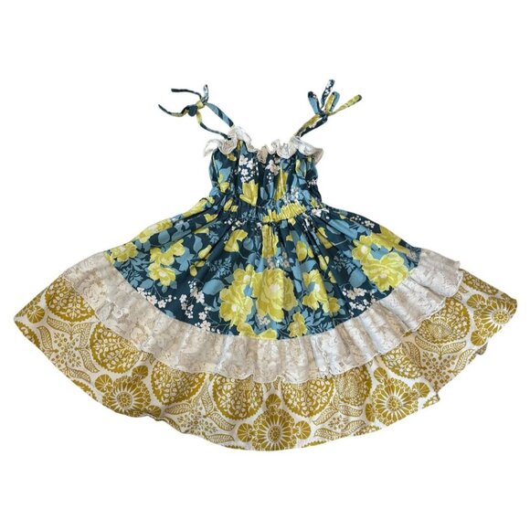 Magpie & Mabel Other - Magpie & Mabel Girls Floral Tiered Sundress 6 Blue Yellow Lace Trim Tie Straps